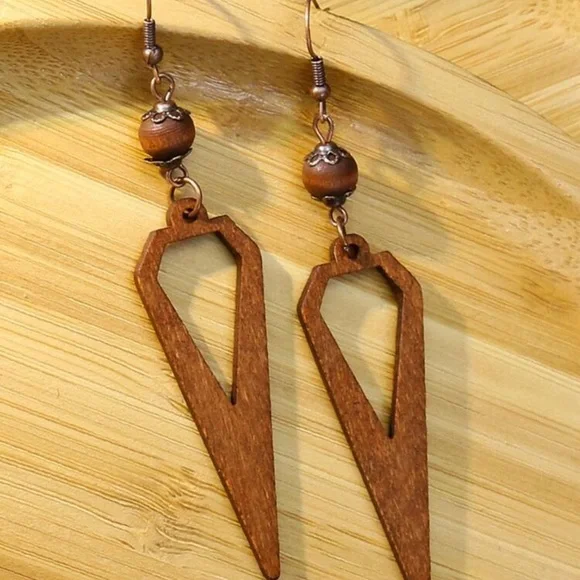 New Handmade Wooden Coffee Brown Geo Decor Woman’s Drop Earrings - Picture 4 of 6